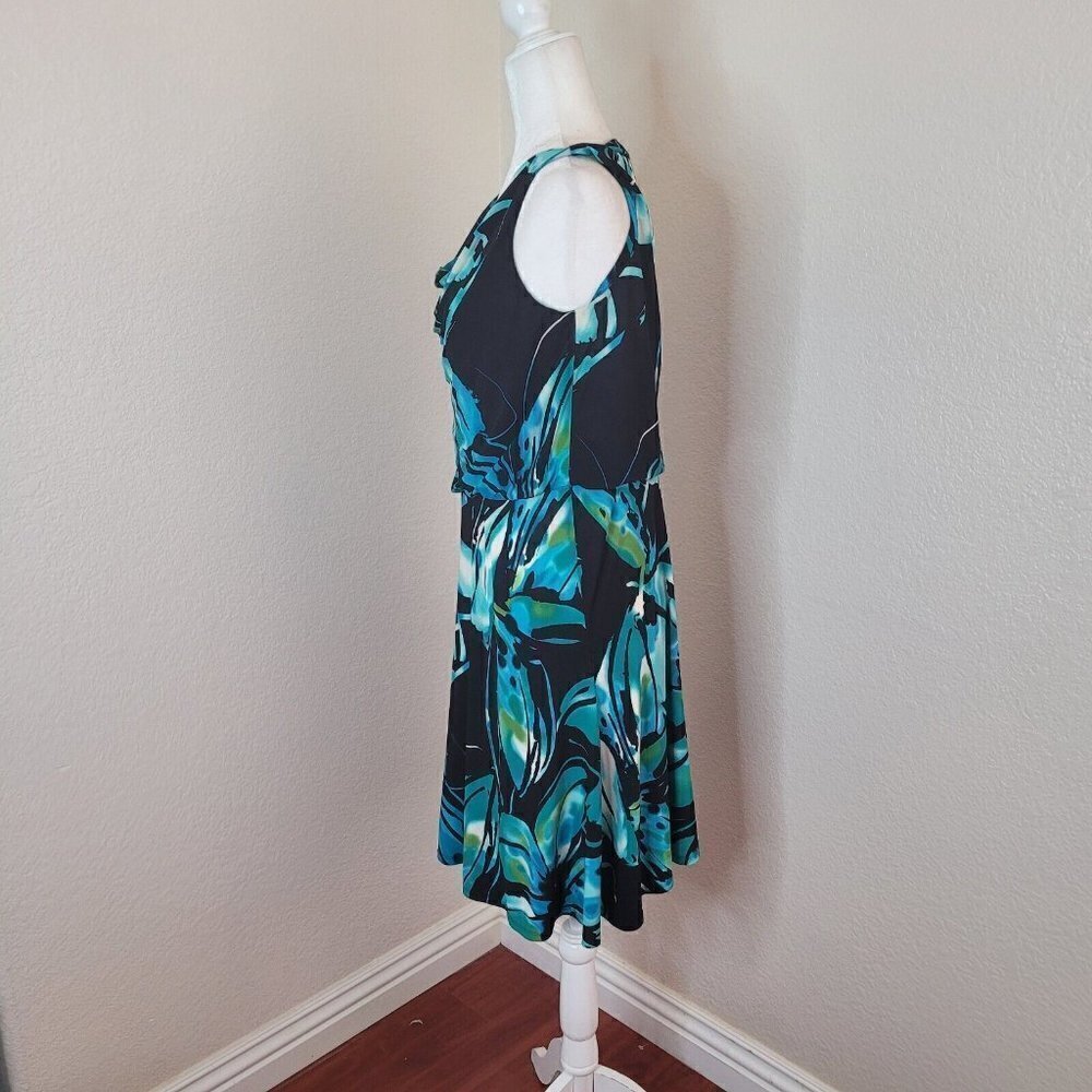Jones New York Cowl Neck Blouson Blue/Black Floral Knee Length Dress Size 6 - Picture 3 of 11